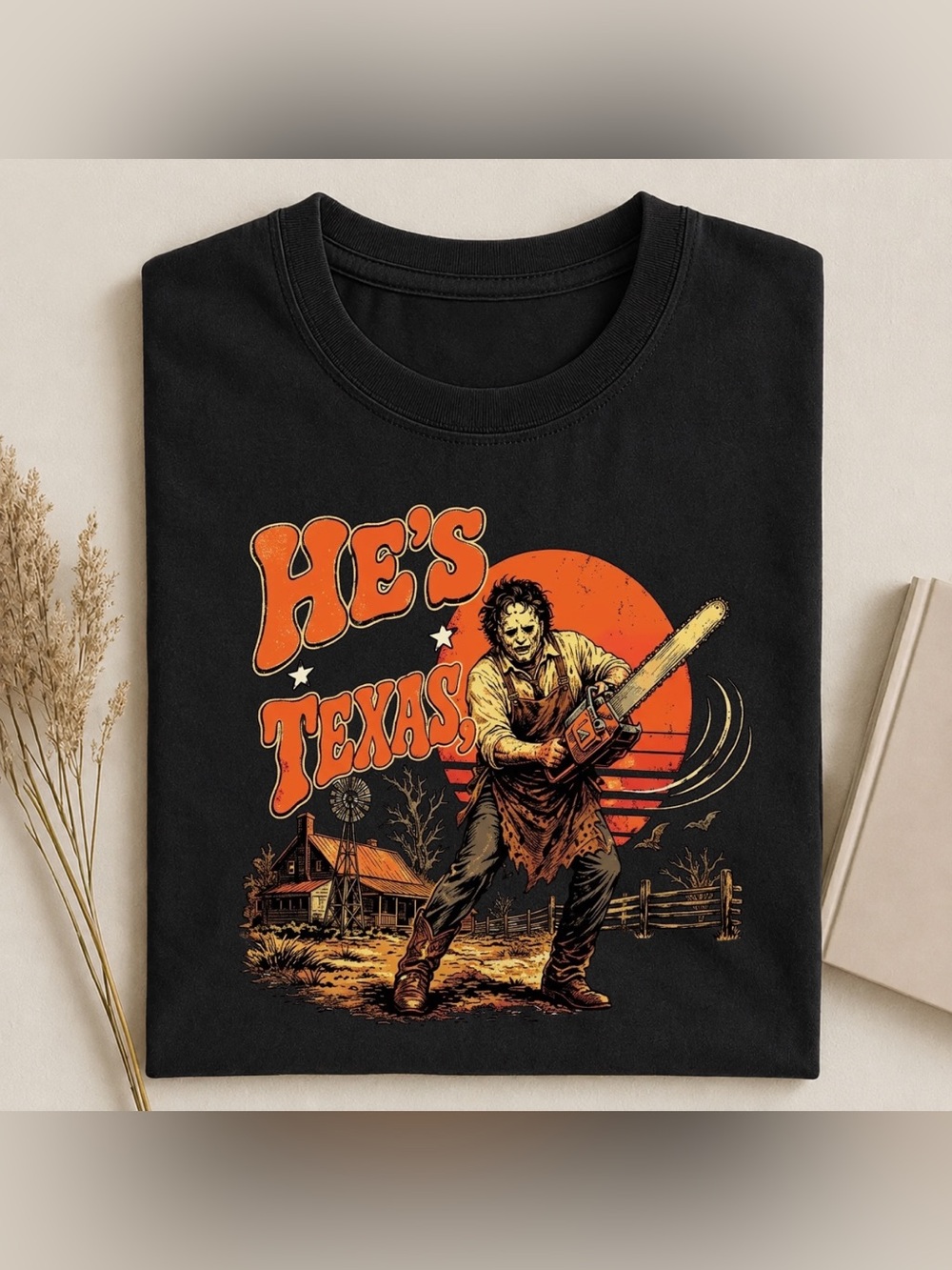 Men's Black 'He's Texas' Graphic Tee, Vintage Horror Shirt, Gift For Fan